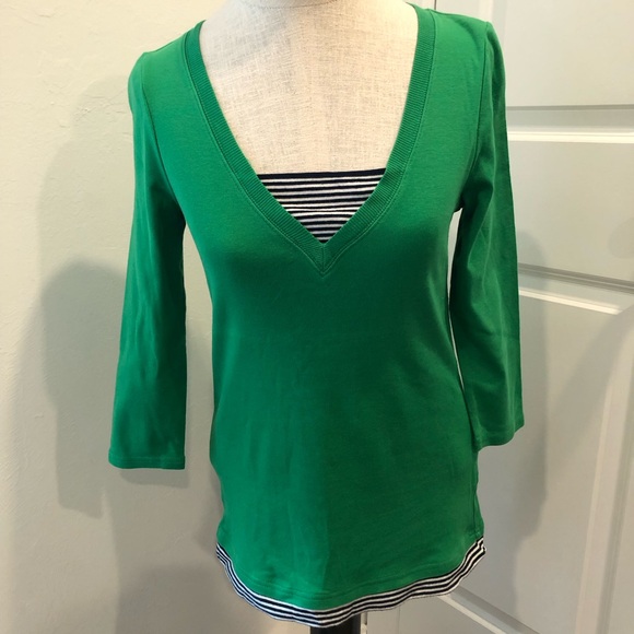 Ralph Lauren Tops - Ralph Lauren Green V-Neck Top with Striped Details